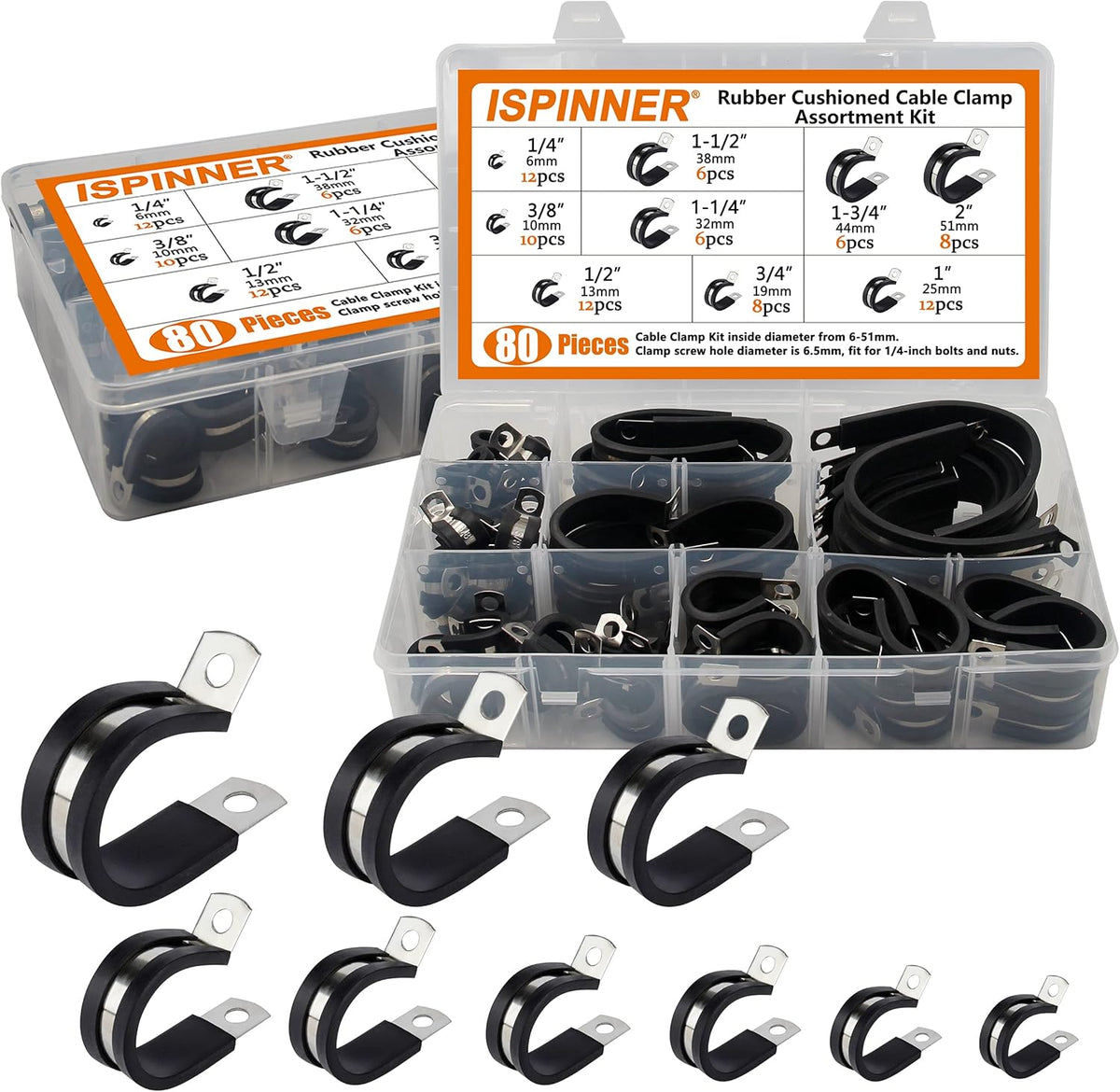 80pcs 304 Stainless Steel Rubber Cushioned Pipe Clamps Assortment Kit X86718