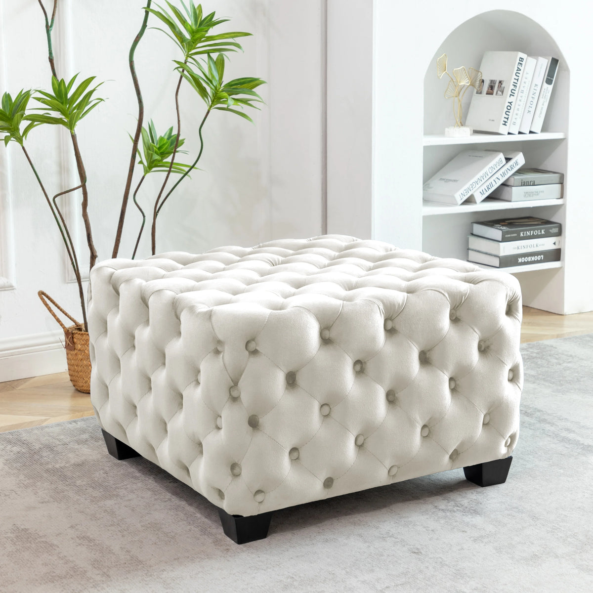 Black Velvet Tufted Square Ottoman with Rubberwood Legs B71459
