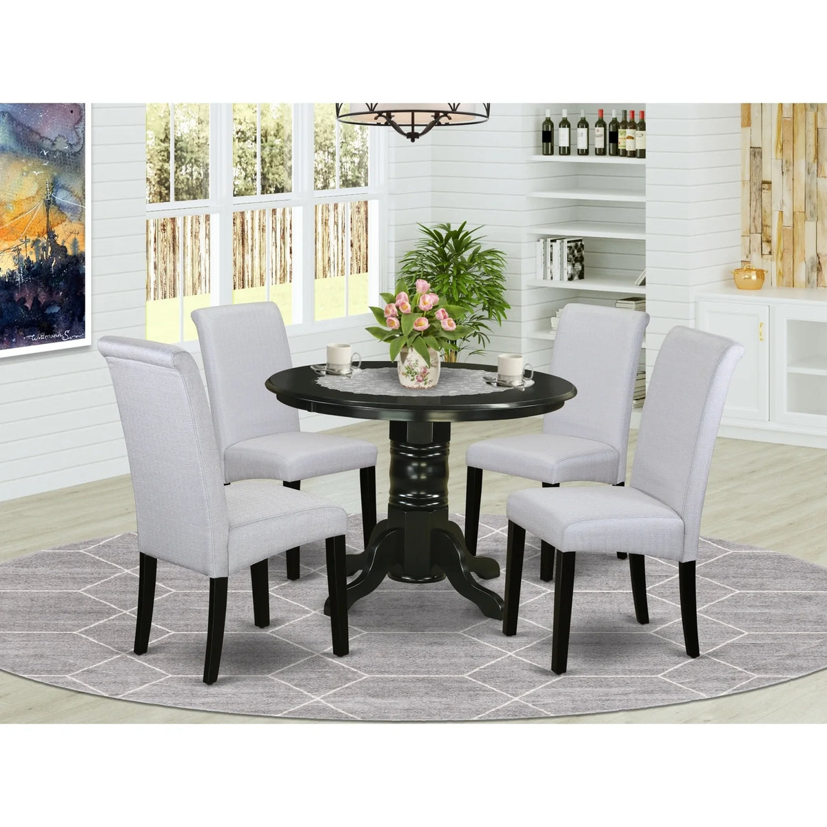 5Pc Small Round Table with Linen Grayish Blue Fabric Parson Chairs U7173