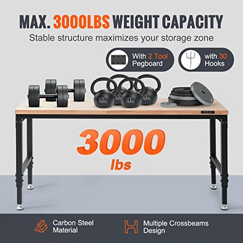 60" Adjustable Heavy Duty Workbench 2000 LBS with Power Outlets S6922