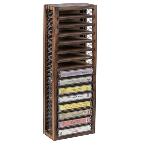 16-Slot Solid Burnt Wood Cassette Tape Storage Rack R8285