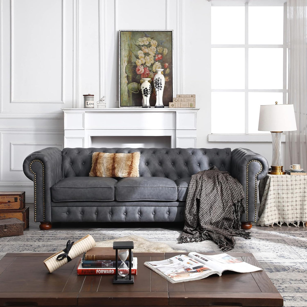 Dark Grey Faux Leather Chesterfield Sofa X172