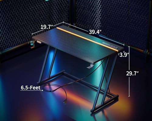 32 Inch Black Gaming Desk with LED Lights & Power Outlet S348