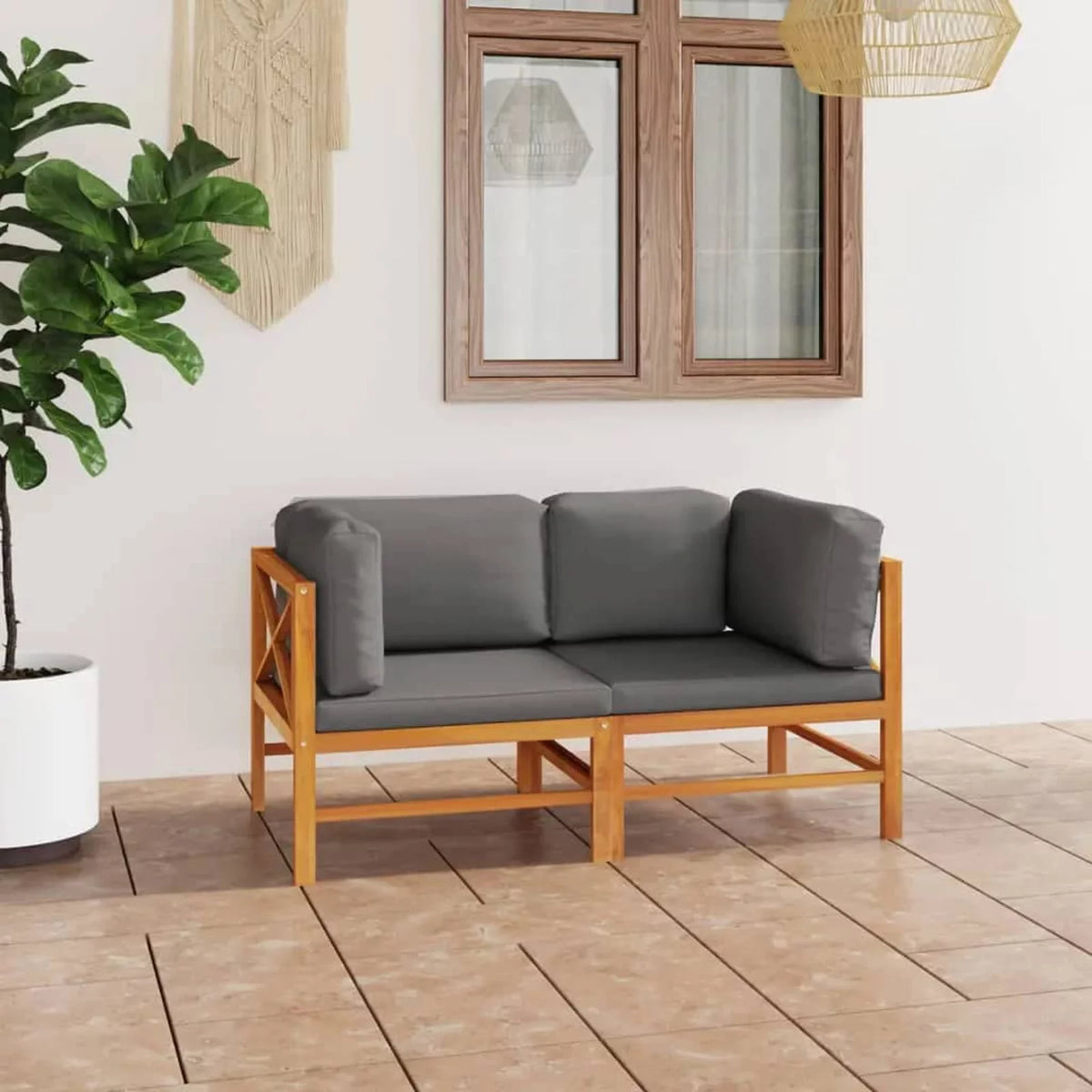 2-Seater Teak Wood Patio Sofa with Gray Cushions I890
