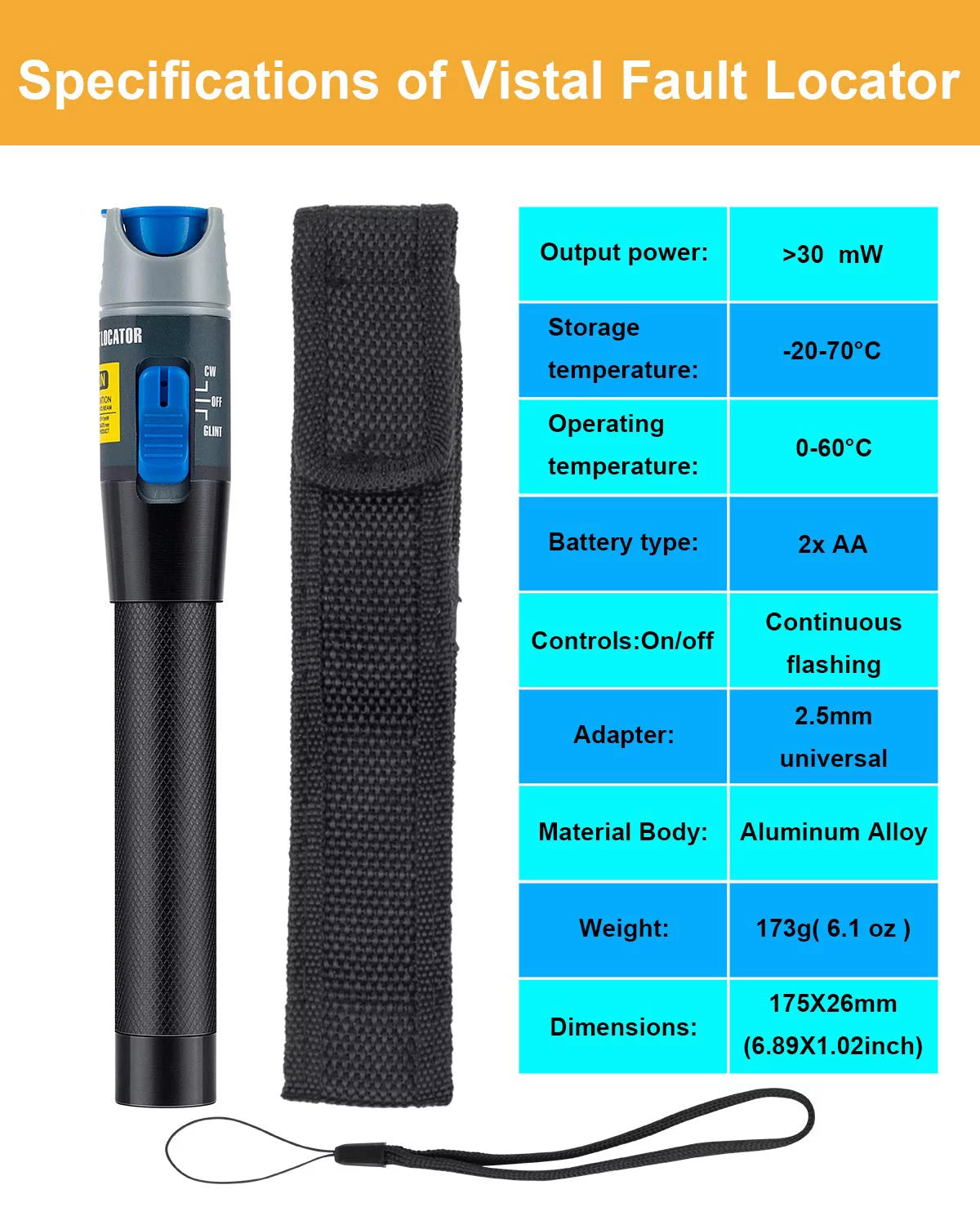 30mW 30KM Visual Fault Locator Red Light Fiber Optic Cable Tester X549425