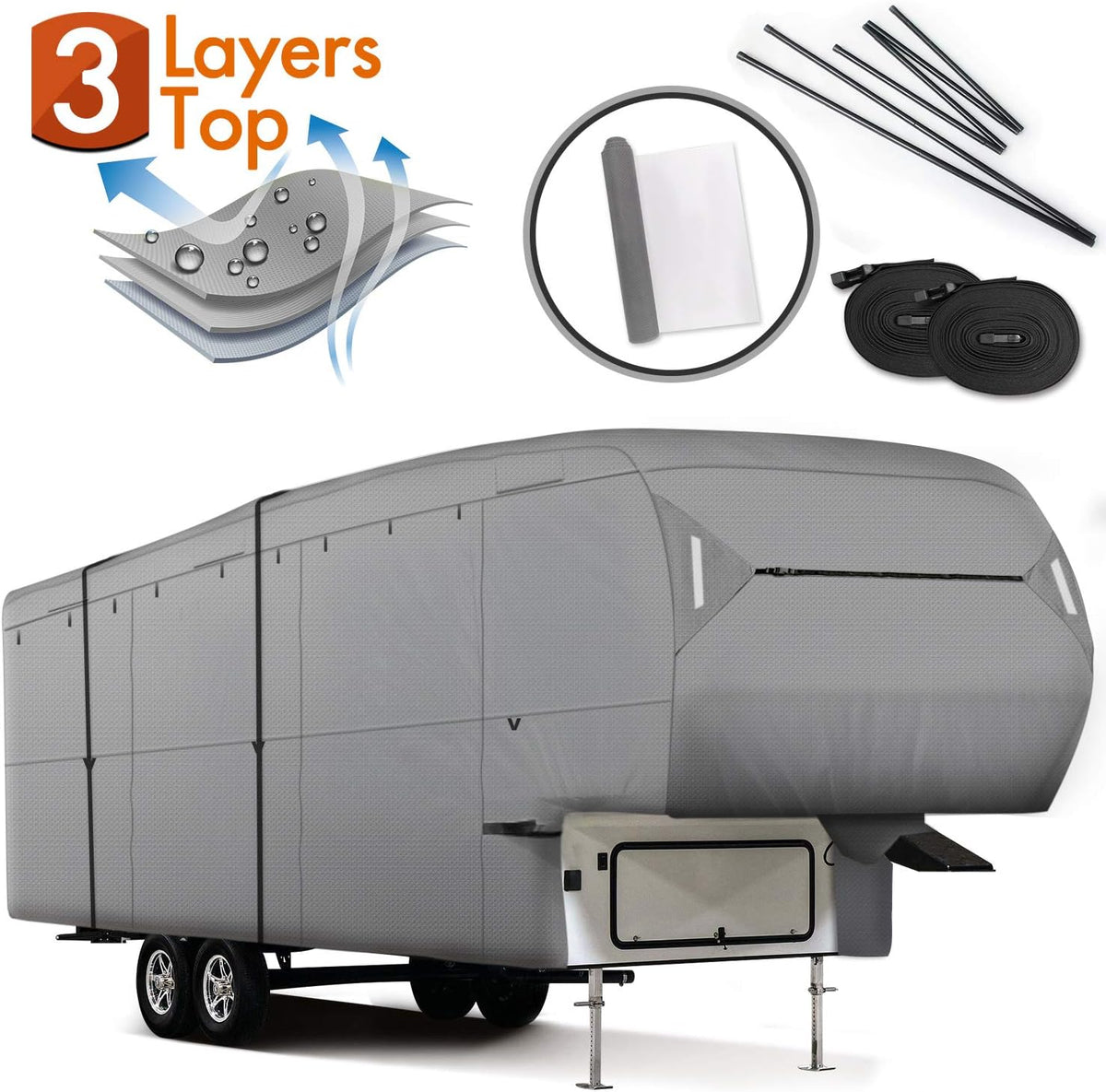 5th Wheel RV Cover 3-Ply Ripstop Waterproof with Steel Pole (26'-29') H65603