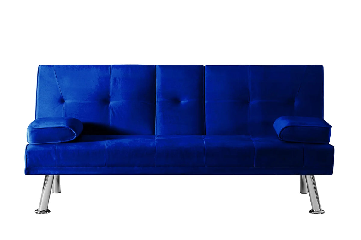 Blue Velvet Convertible Futon Sofa Bed with Cupholders T91784