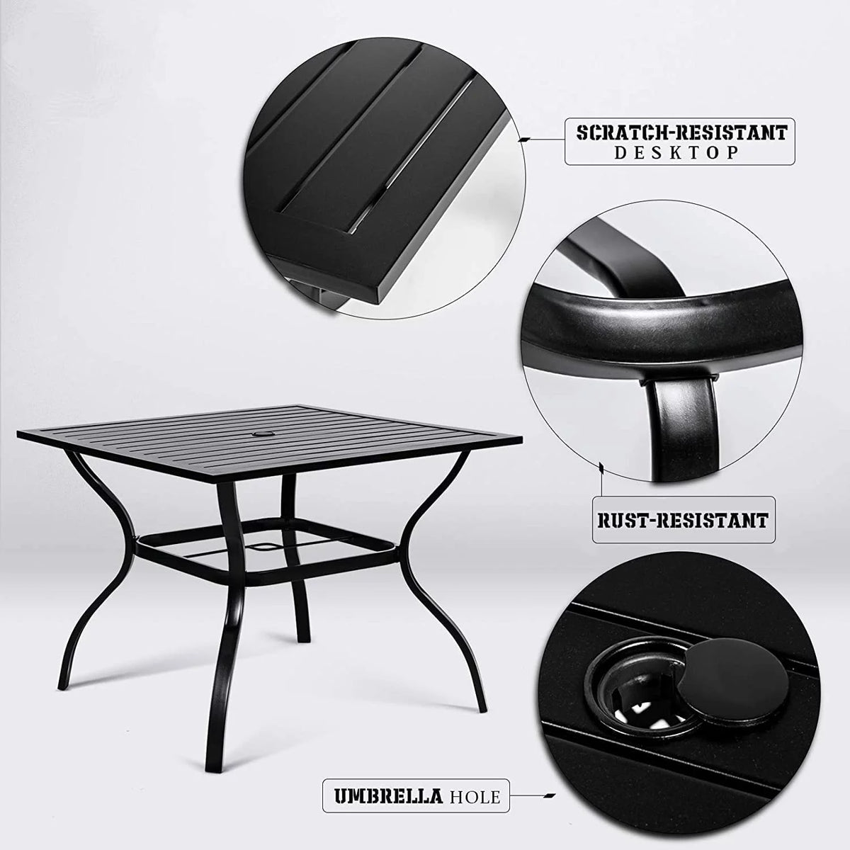 37 Outdoor Patio Square Metal Dining Table with Umbrella Hole, Black X933
