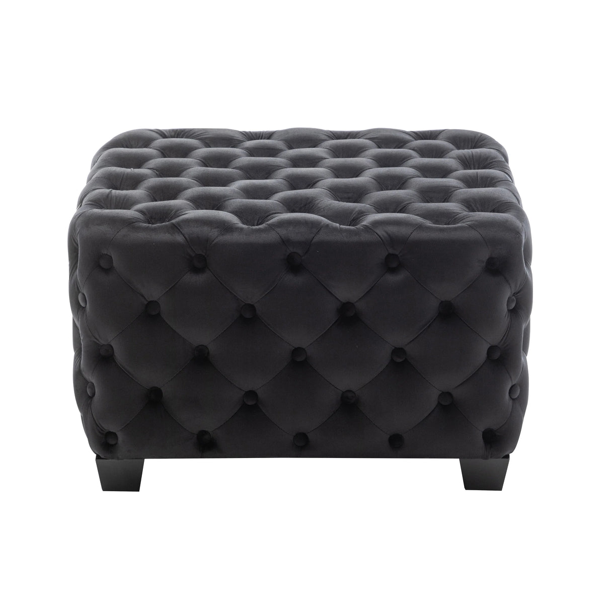 Black Velvet Tufted Square Ottoman with Rubberwood Legs B71459