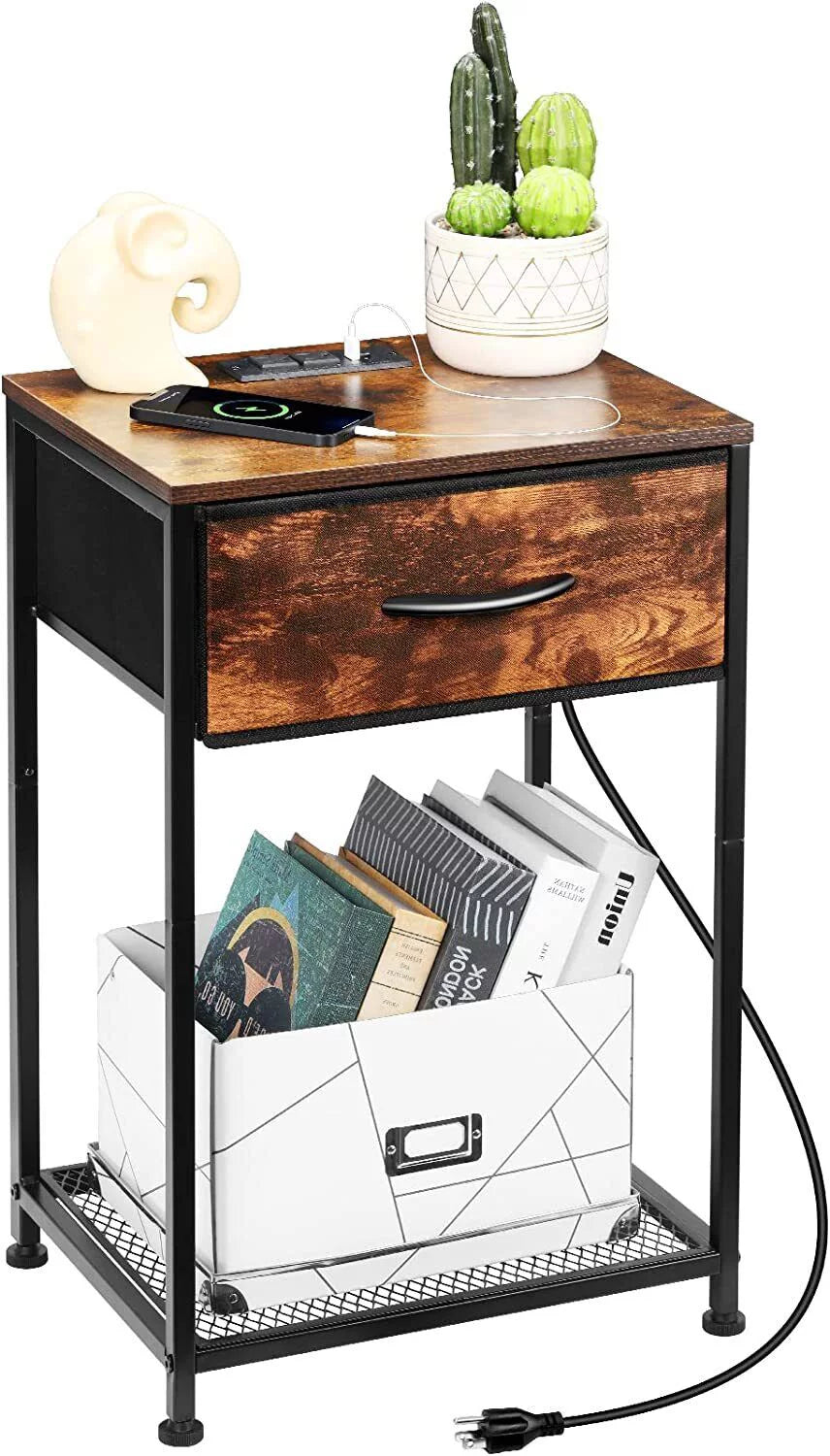 2 Tier Rustic Side Table with Storage Drawer T5104