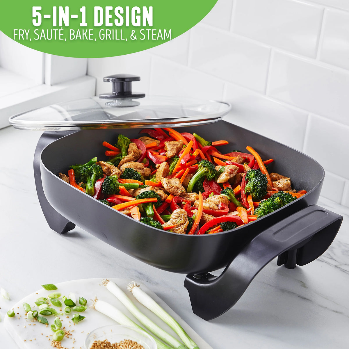 Black 12" Square Nonstick Electric Skillet with Glass Lid J758