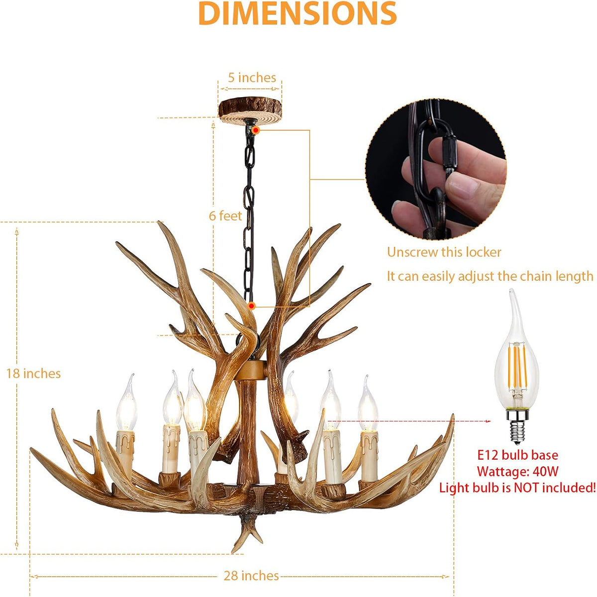 Antler Chandelier 6 Light Vintage Style Resin 28 Inch V8850