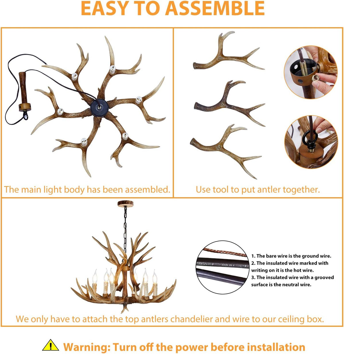 Antler Chandelier 6 Light Vintage Style Resin 28 Inch V8850