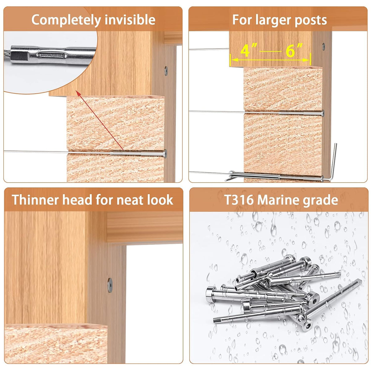 1/8 Invisible Cable Railing Kit Turnbuckle Swage Threaded Stud and Stemball Combination Pack for 2”-6” Wood & Metal Post O249295