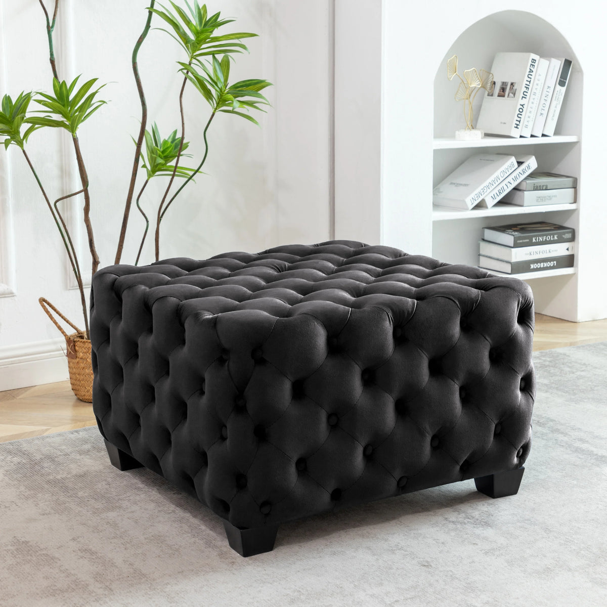 Black Velvet Tufted Square Ottoman with Rubberwood Legs B71459
