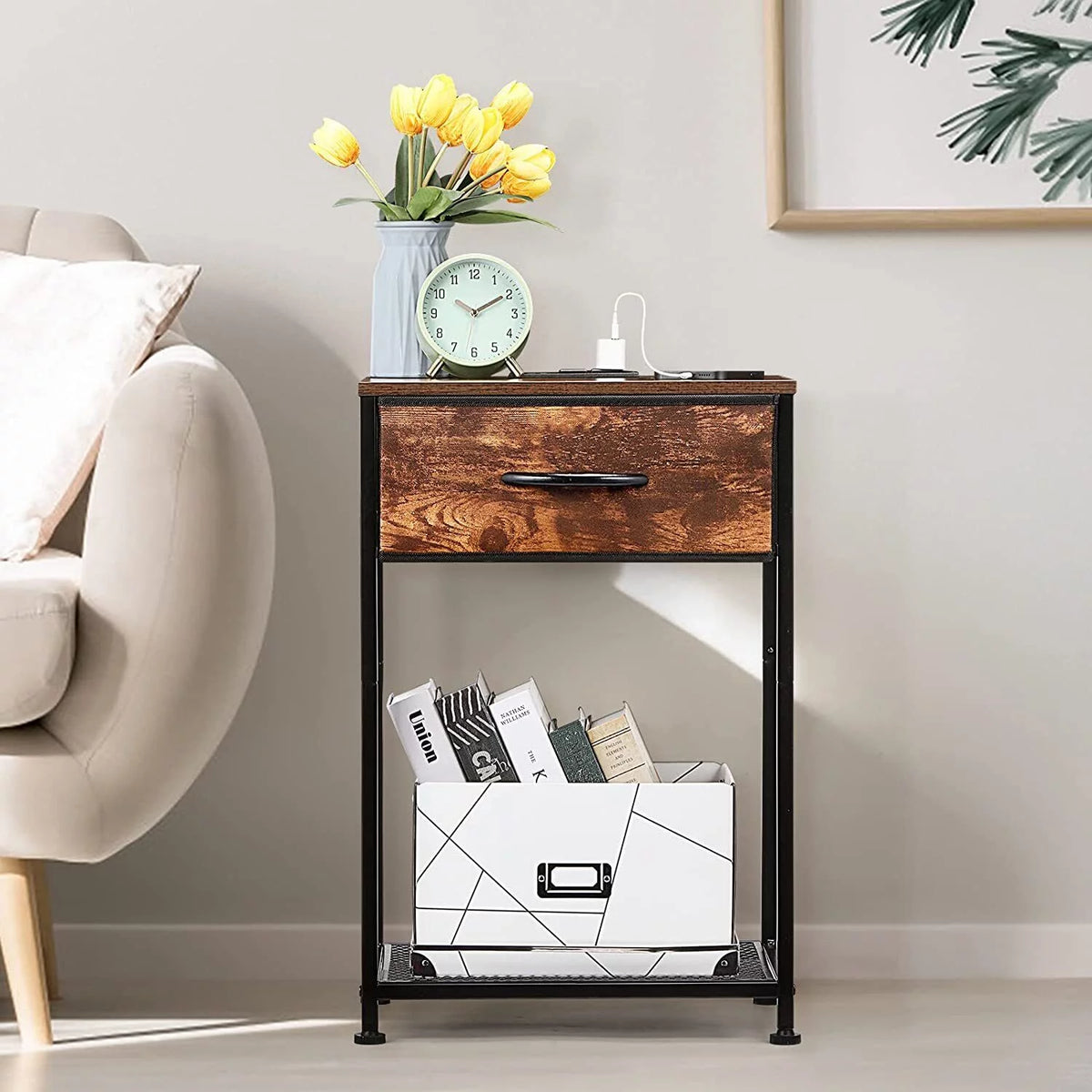 2 Tier Rustic Side Table with Storage Drawer T5104