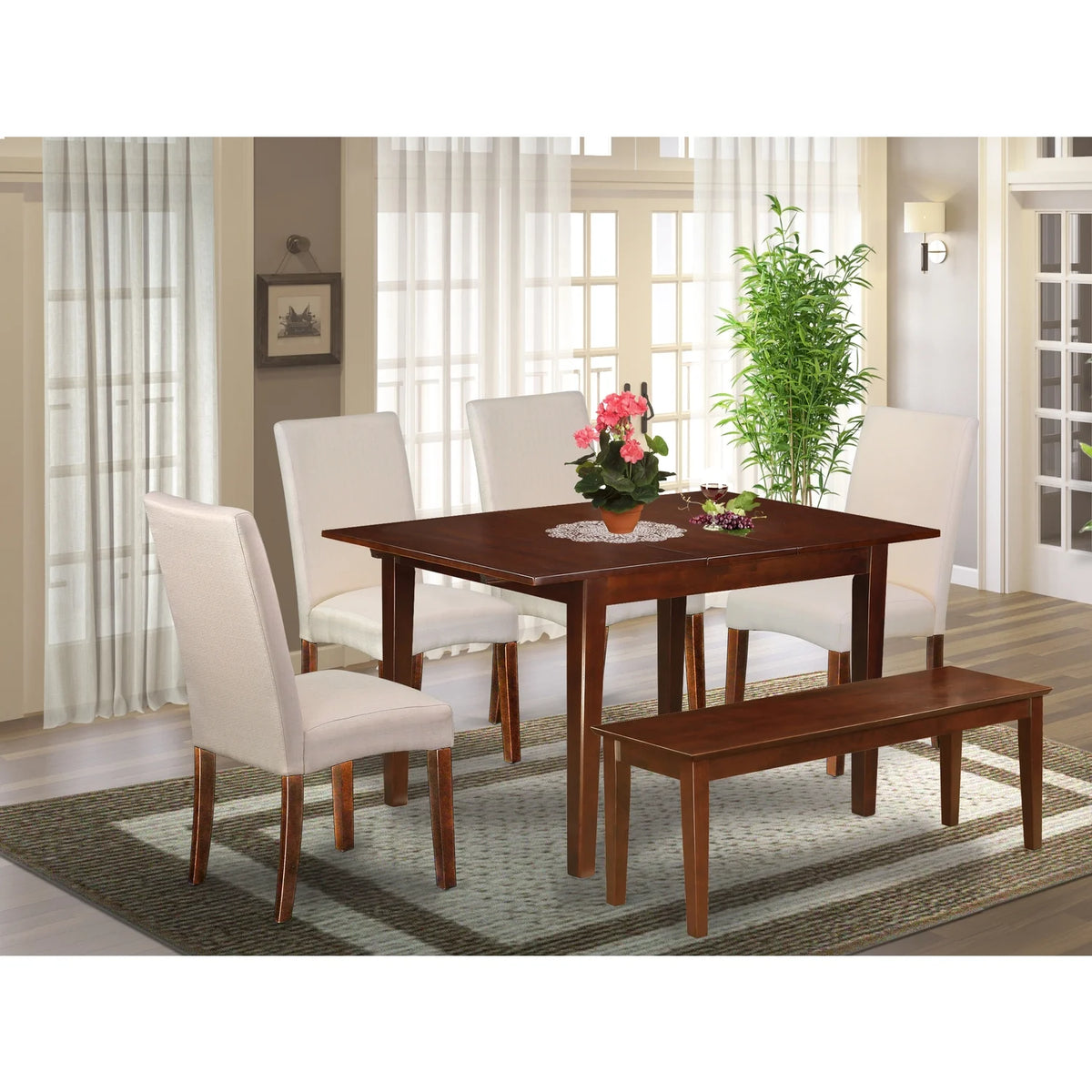 7 Pc Dining Table and 4 Chair with Bench Mahogany Finish Leg Linen Fabric Cream Q48340