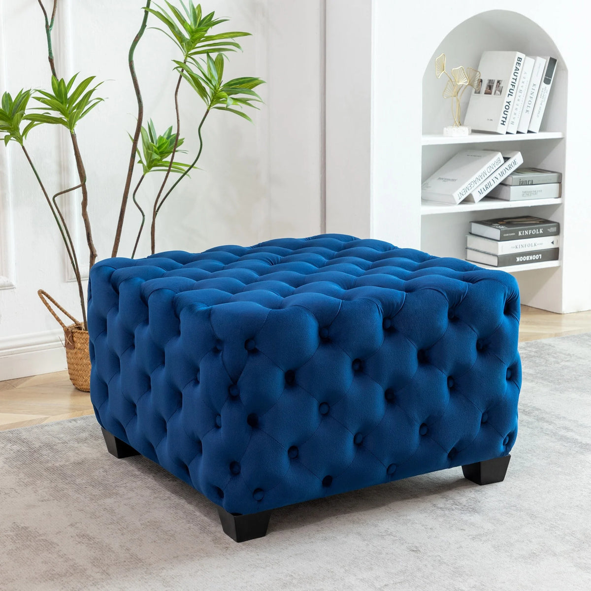Black Velvet Tufted Square Ottoman with Rubberwood Legs B71459