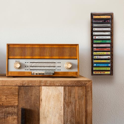 16-Slot Solid Burnt Wood Cassette Tape Storage Rack R8285