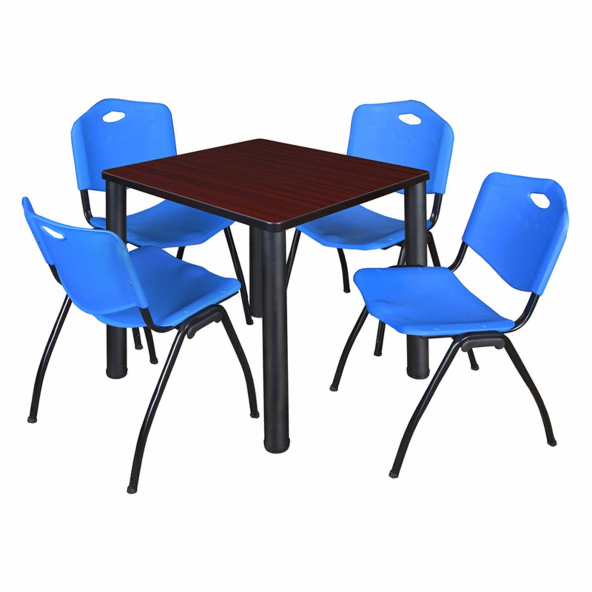 48x22 Square Breakroom Table with 4 Stack Chairs Blue Chrome Mahogany O132935