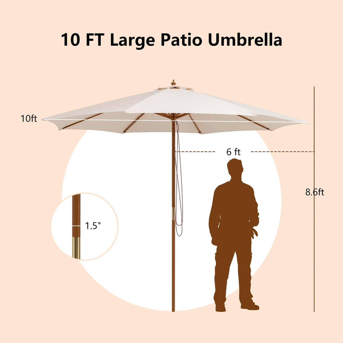 10FT Wooden Market Table Umbrella with 8 Bamboo Ribs K111