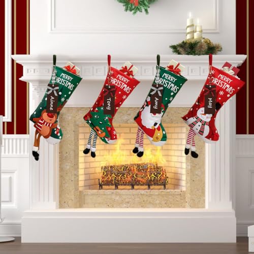 4 Pack Christmas Stockings with Name Tags, 18" Large Non-Woven Xmas Stocking T7698