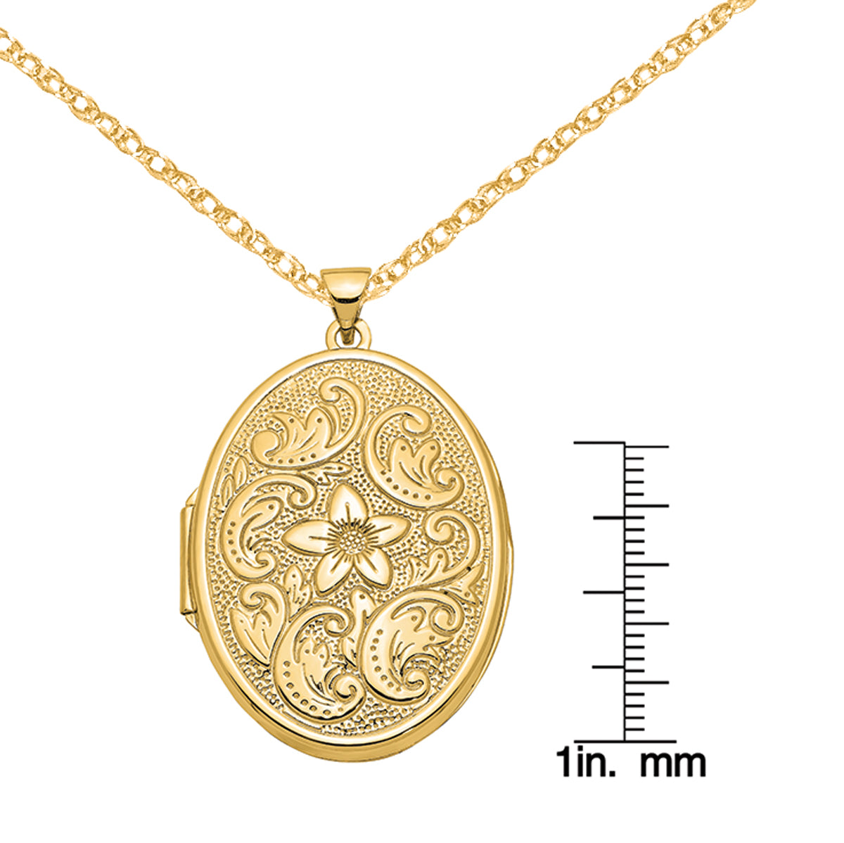 14 Karat Yellow Gold Oval Flower Locket on 18-inch Cable Rope Chain I643