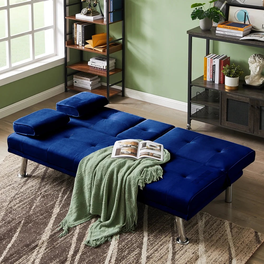 Blue Velvet Convertible Futon Sofa Bed with Cupholders T91784