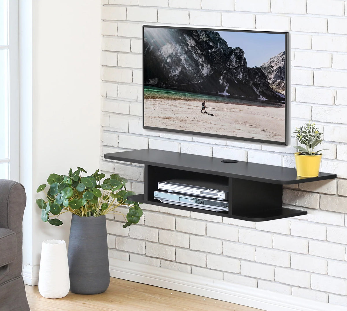 Black Wall Mounted Floating TV Shelf Media Console N531