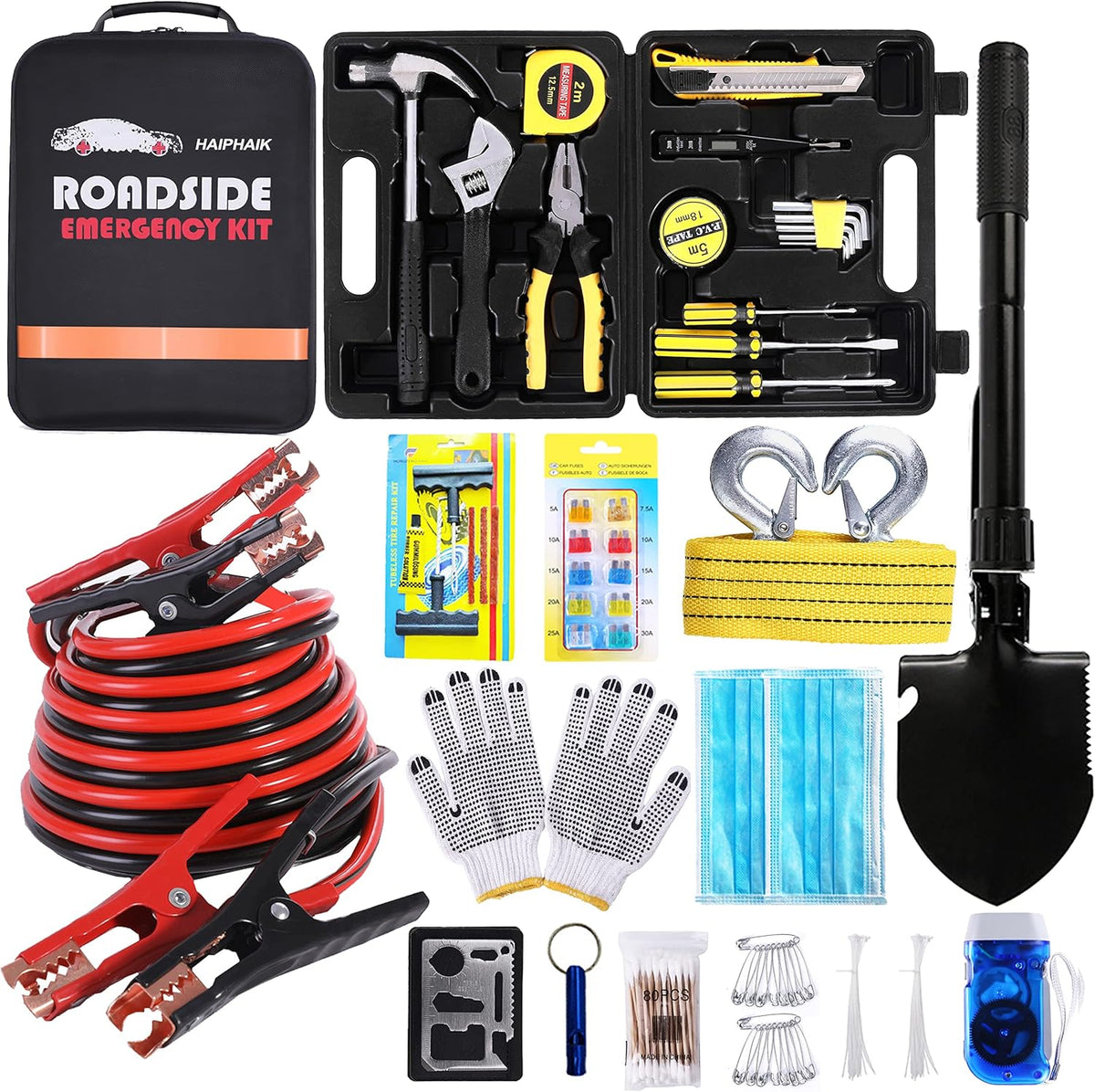 124 Pcs Emergency Car Kit with Tow Strap and Folding Survival Shovel S211