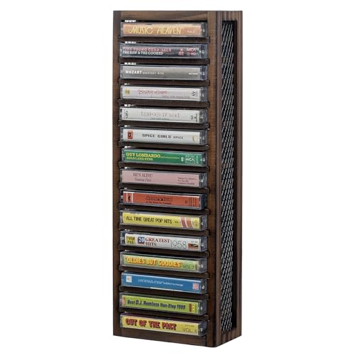 16-Slot Solid Burnt Wood Cassette Tape Storage Rack R8285