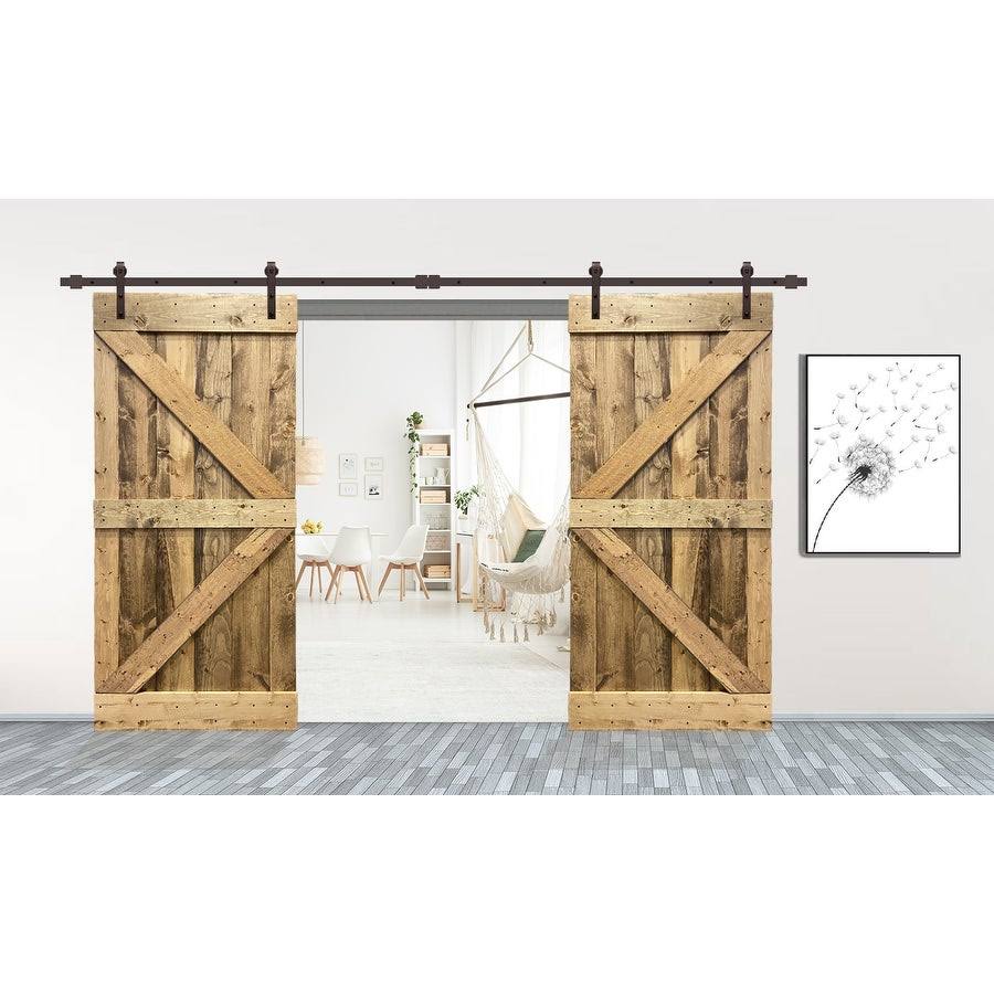 84 in. x 84 in. Oak Stained Knotty Pine Wood Interior Double Sliding Barn Door with Hardware Kit C200481