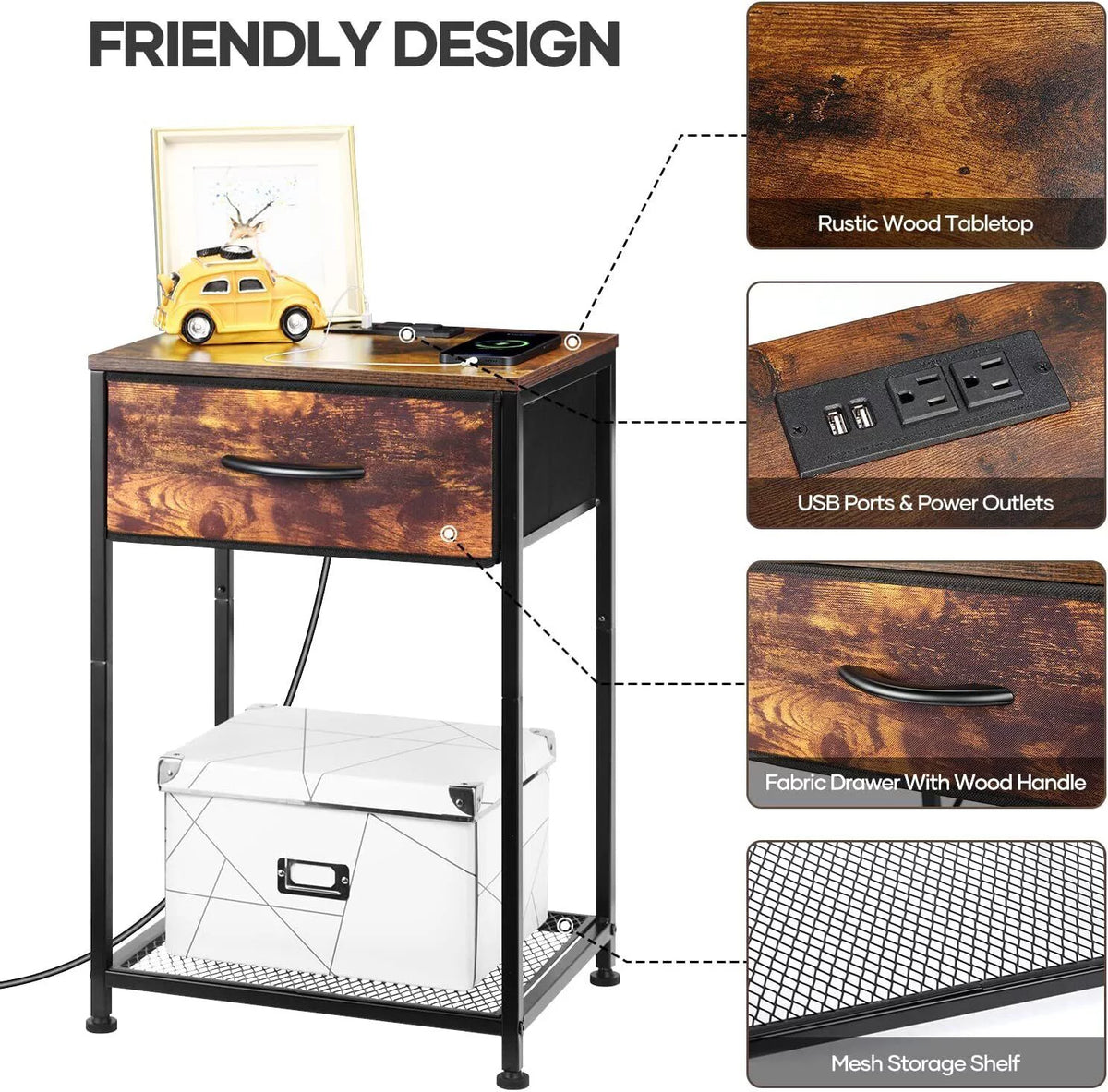 2 Tier Rustic Side Table with Storage Drawer T5104