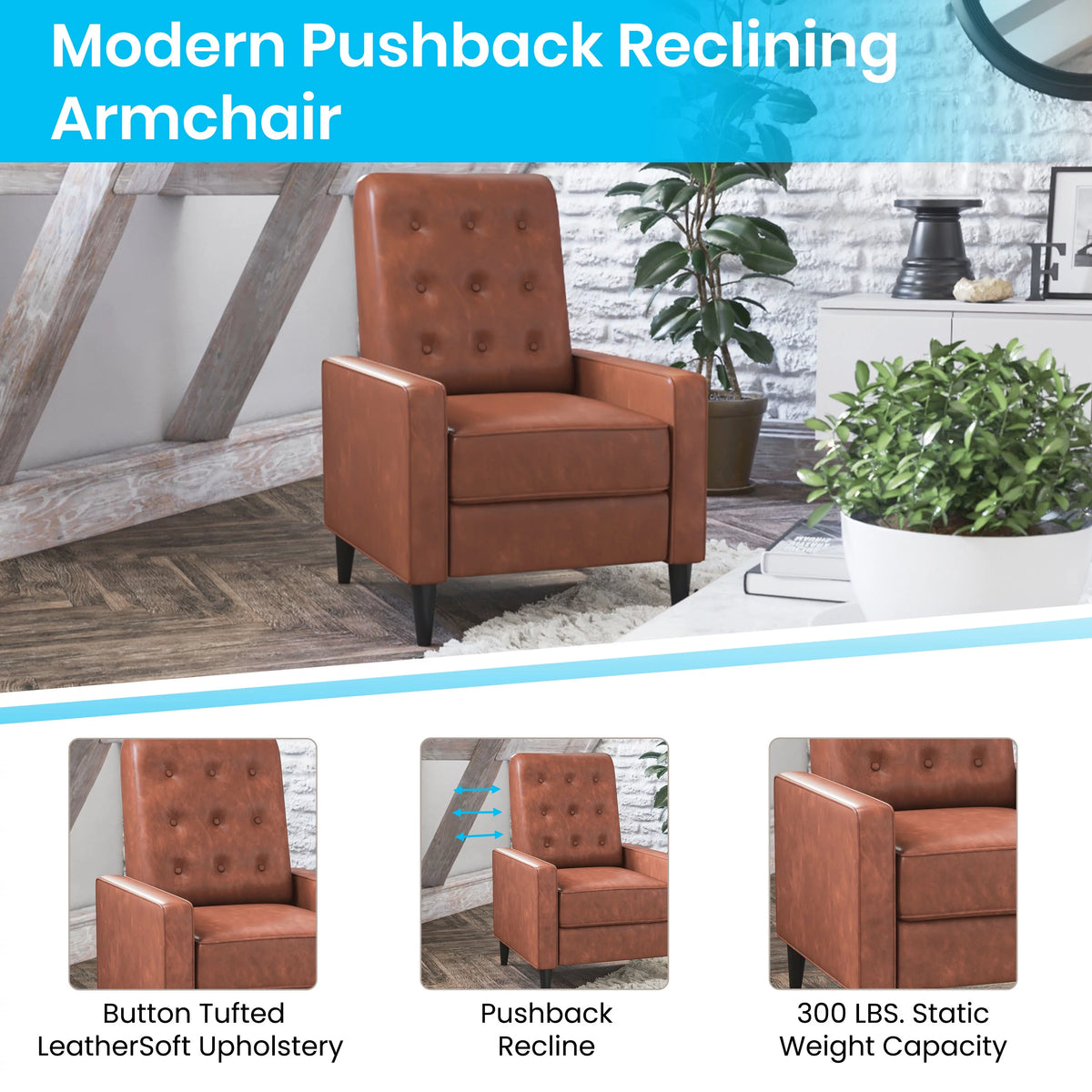 Cognac Brown LeatherSoft Upholstered Recliner U458