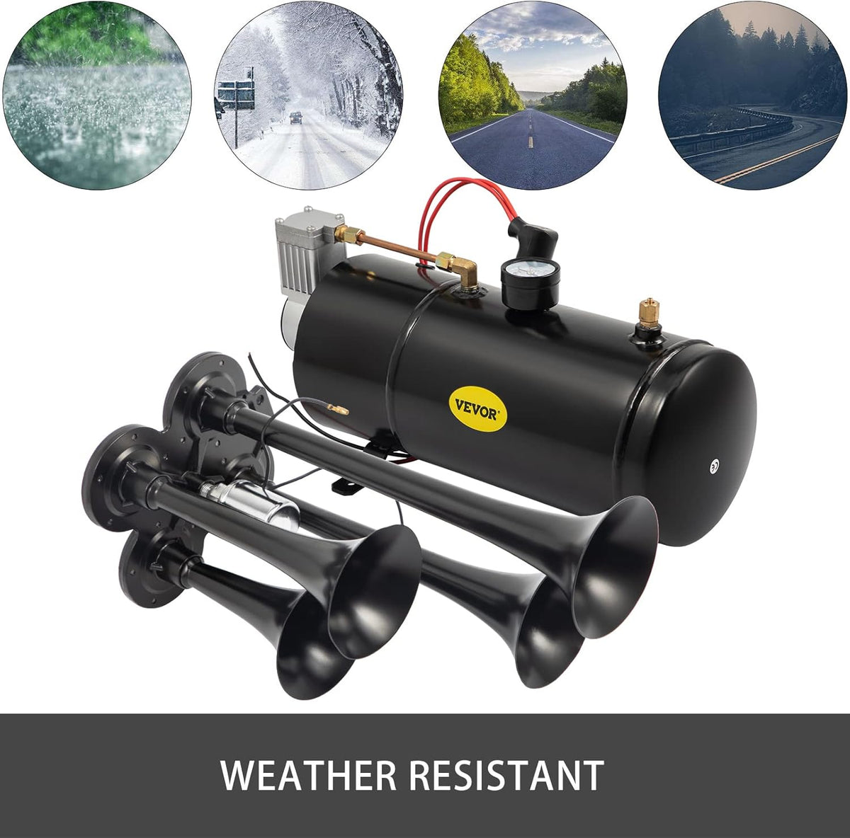 150DB Train Horns Kit 4 Trumpet with 120 PSI 12V Air Compressor Air Horn Compressor Tank (Black) R5092