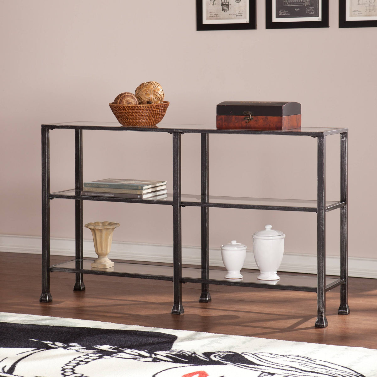 Distressed Black Metal and Glass 3-Tier Console Table V519824