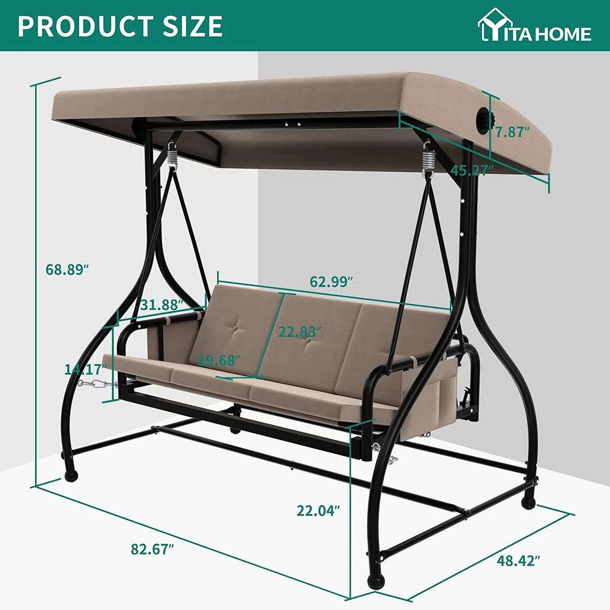3 Person Outdoor Swing Chair with Adjustable Canopy and Cushion N122