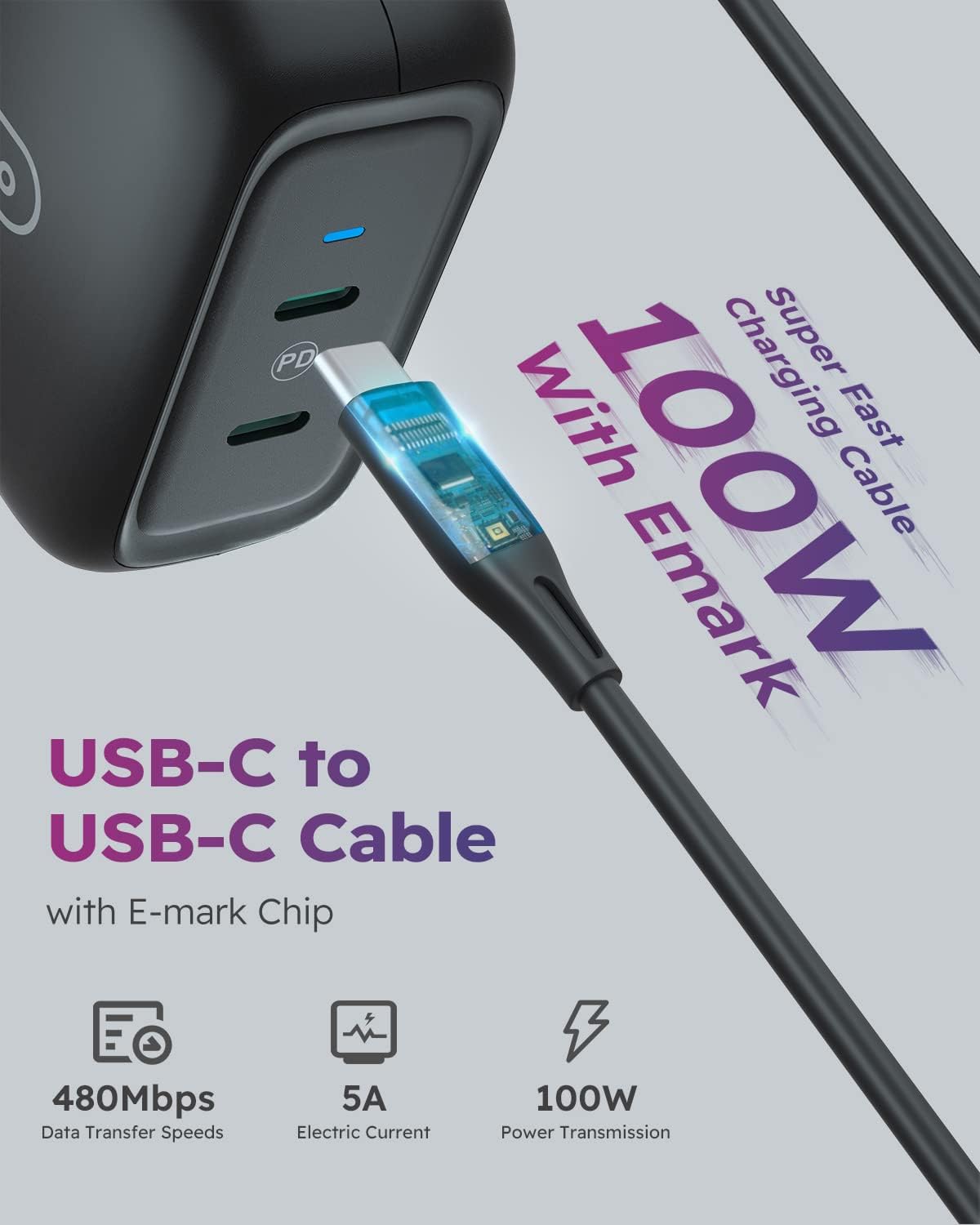 90W USB C Laptop Charger with 100W USB C Cable L5405