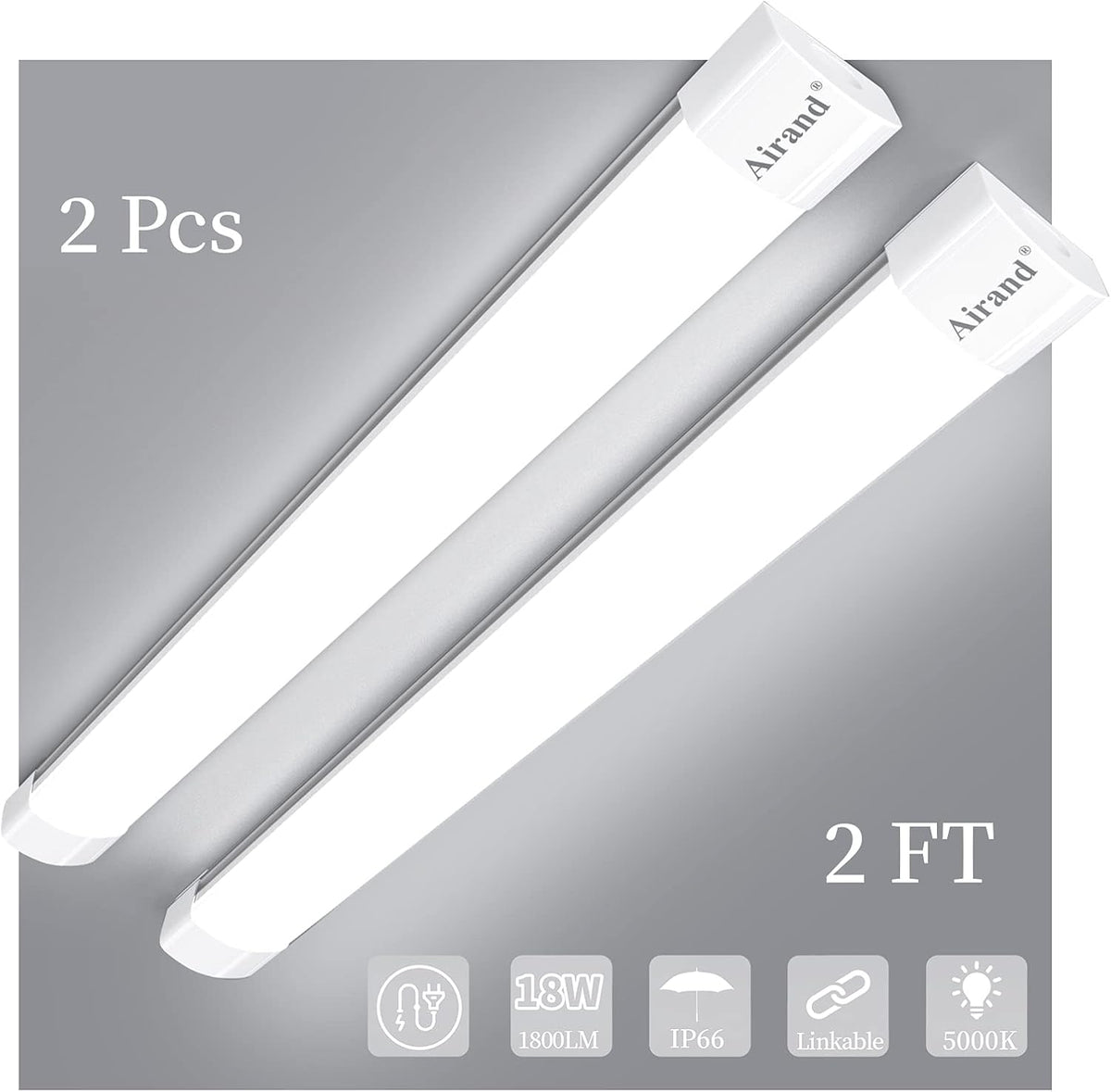 2 Pack 2FT 18W 5000K IP66 Waterproof LED Garage Light A784