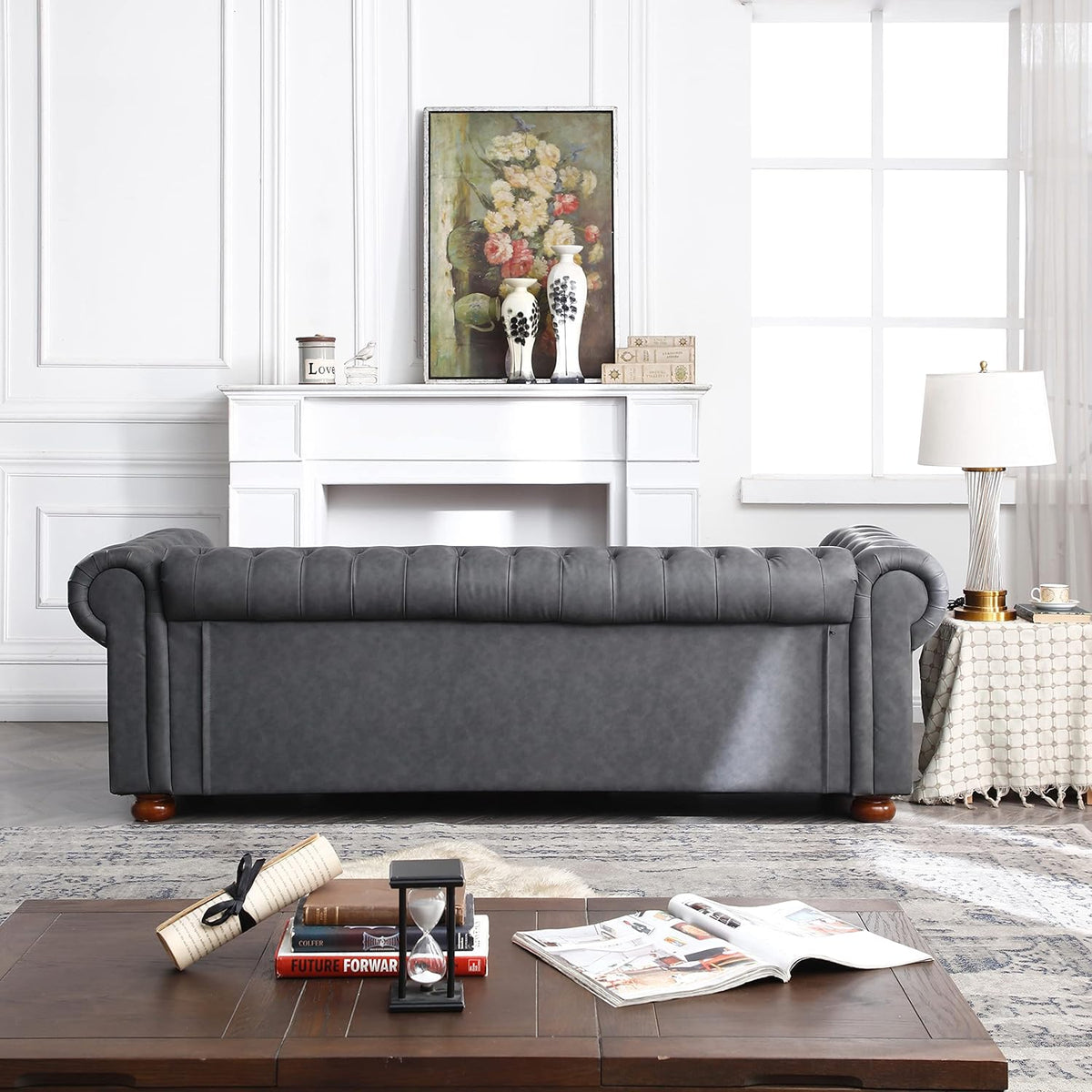 Dark Grey Faux Leather Chesterfield Sofa X172