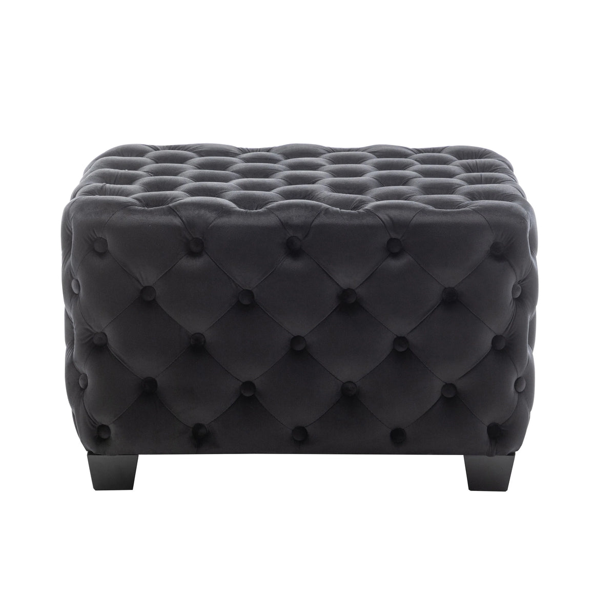 Black Velvet Tufted Square Ottoman with Rubberwood Legs B71459