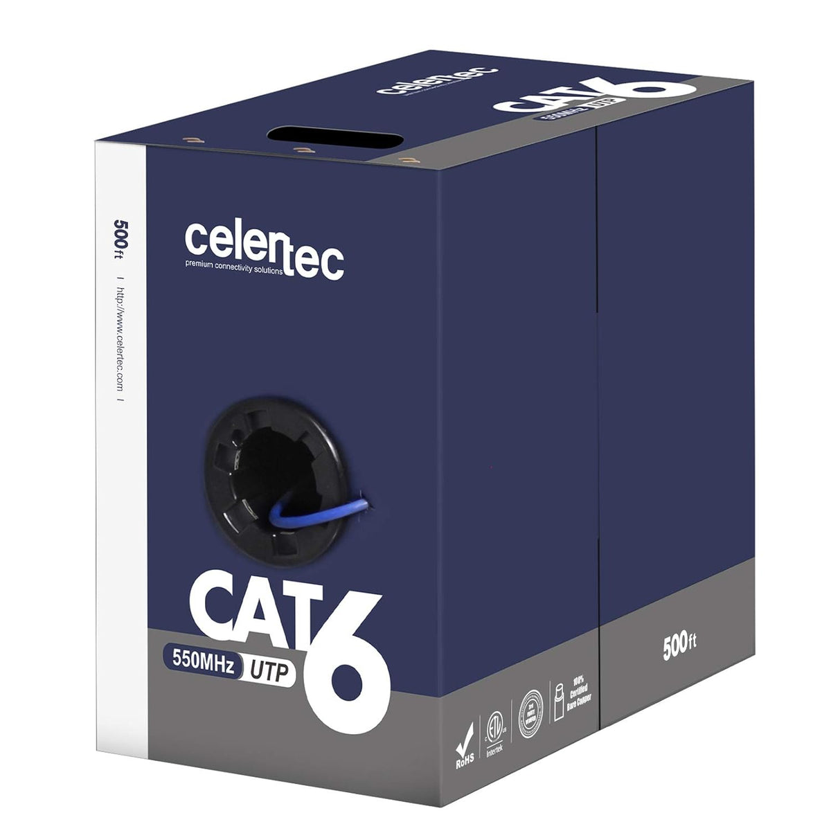 CAT6 Ethernet Cable, 500ft, 23AWG Solid Bare Copper, UTP, CMR Riser Rated, Blue B787