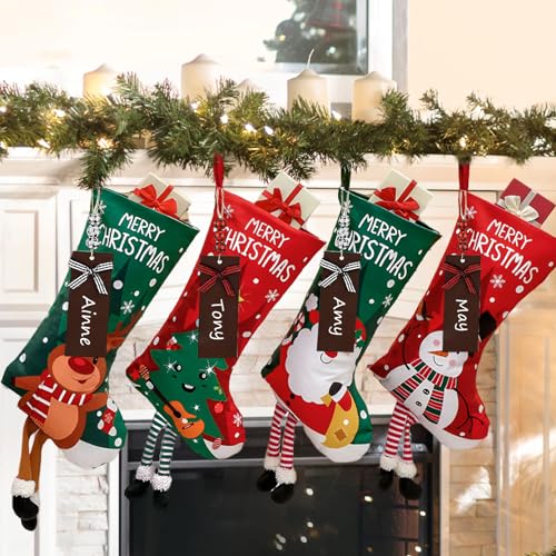 4 Pack Christmas Stockings with Name Tags, 18" Large Non-Woven Xmas Stocking T7698