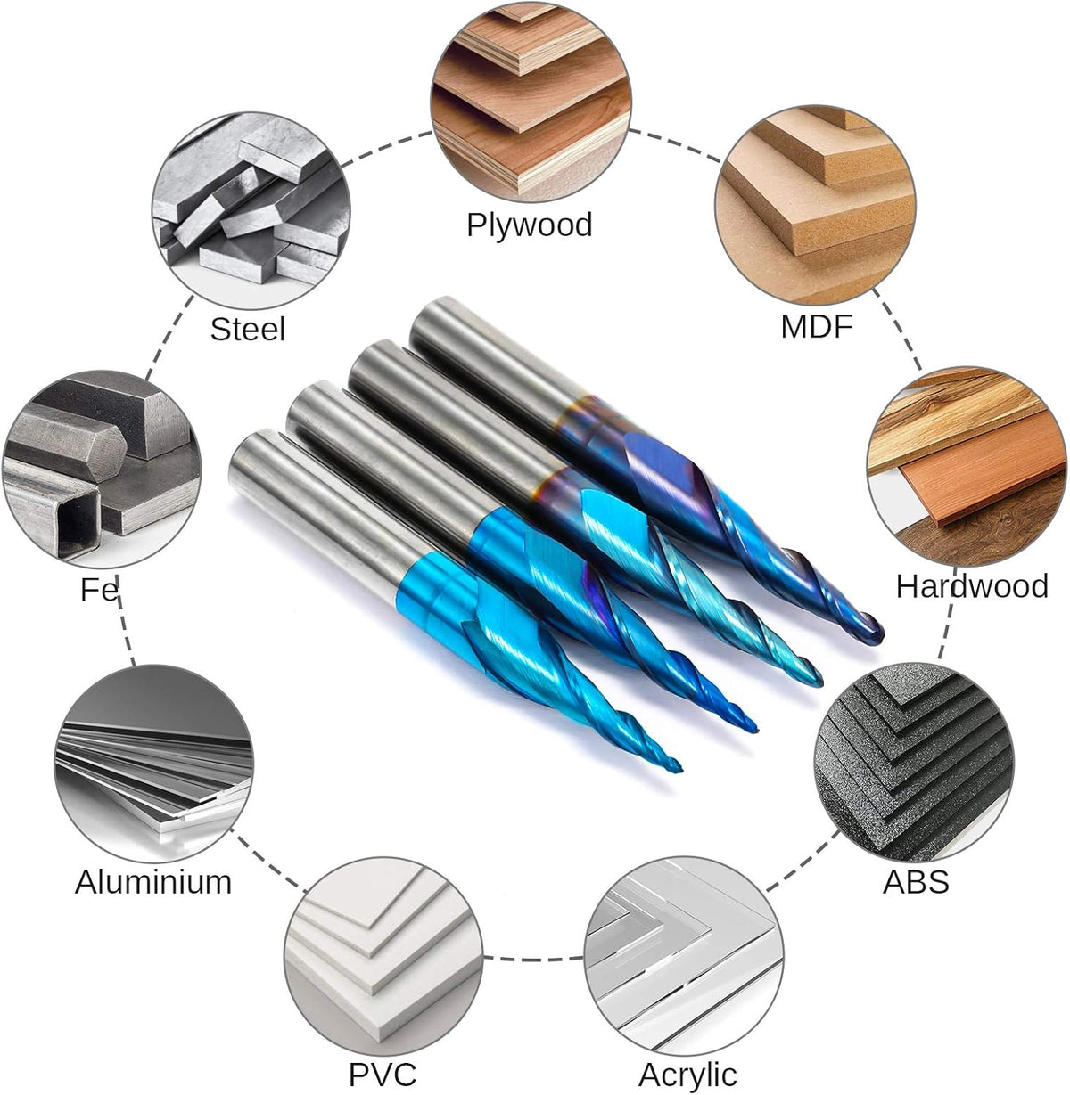 4pcs Tapered Ball Nose Spiral End Mill Tungsten Carbide CNC Router Bits 1/4'' Shank I5880