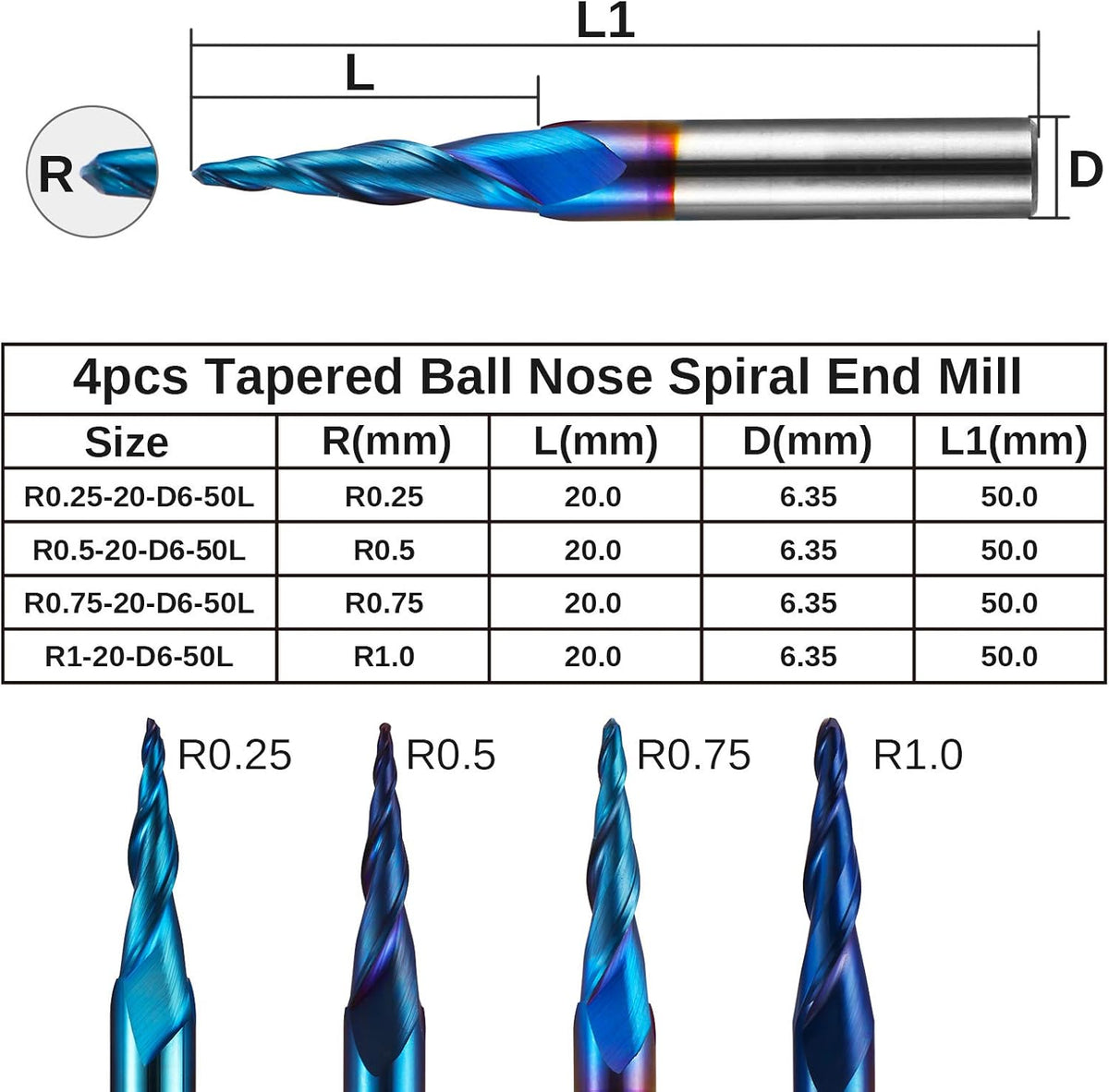 4pcs Tapered Ball Nose Spiral End Mill Tungsten Carbide CNC Router Bits 1/4'' Shank I5880