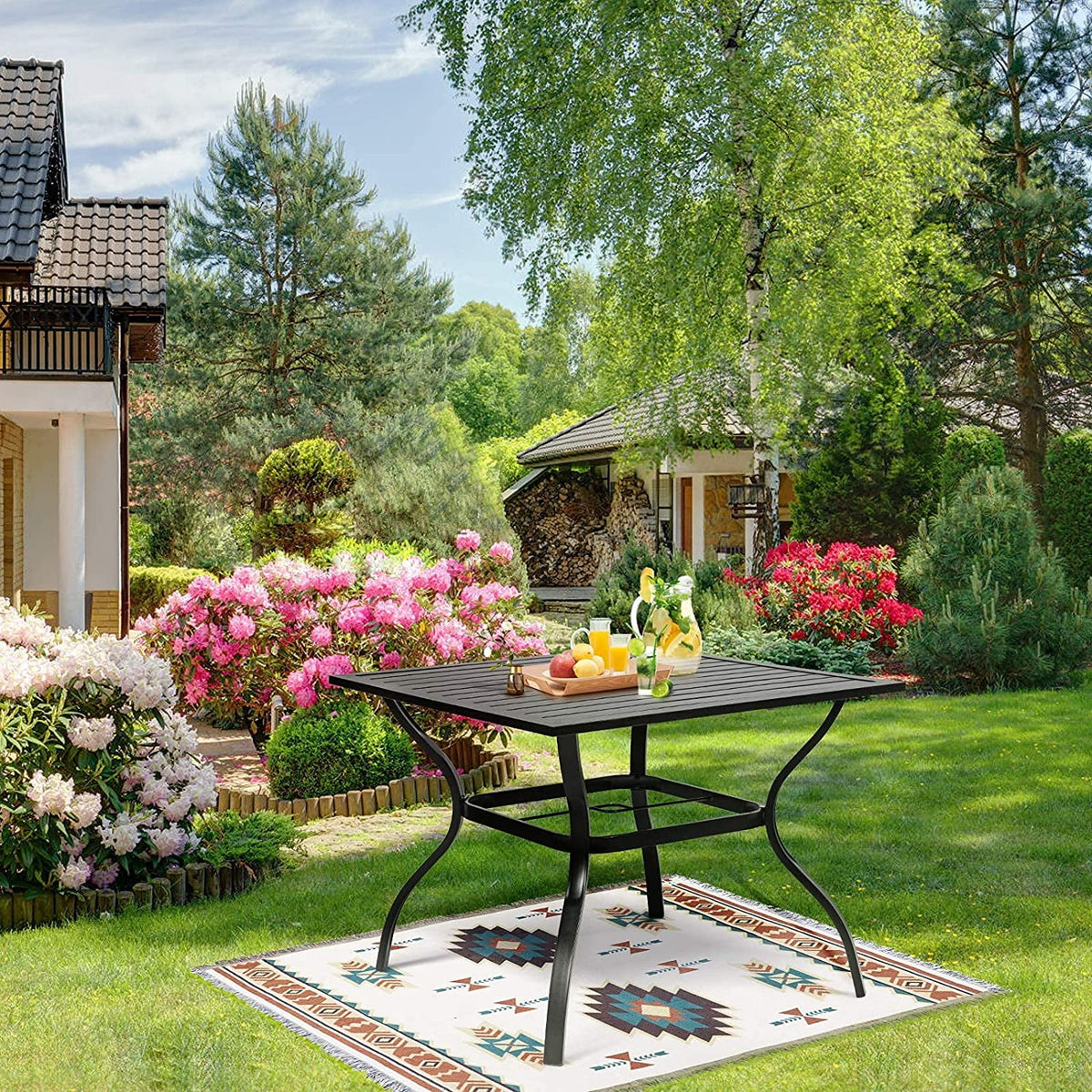 37 Outdoor Patio Square Metal Dining Table with Umbrella Hole, Black X933