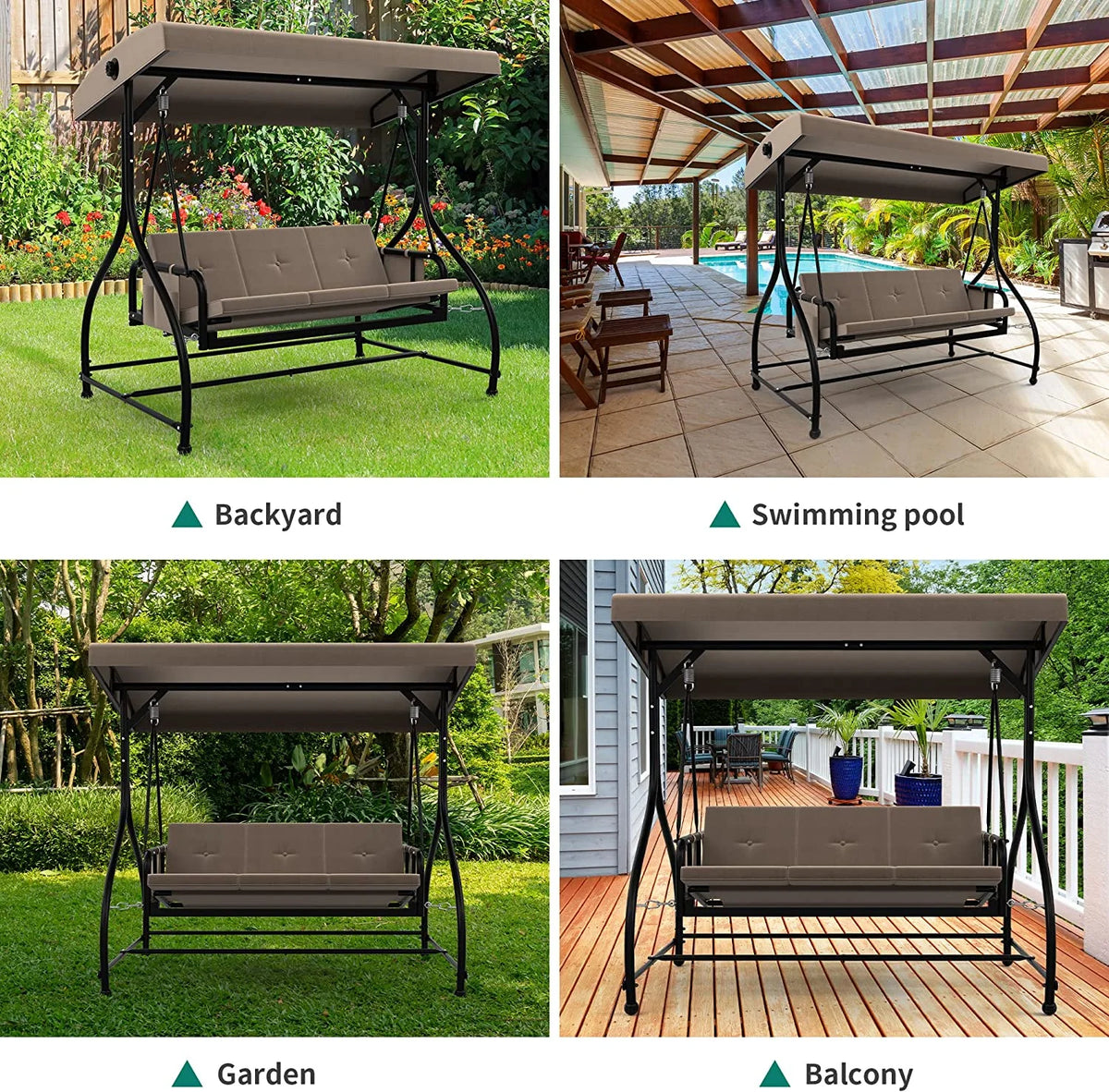 3 Person Outdoor Swing Chair with Adjustable Canopy and Cushion N122
