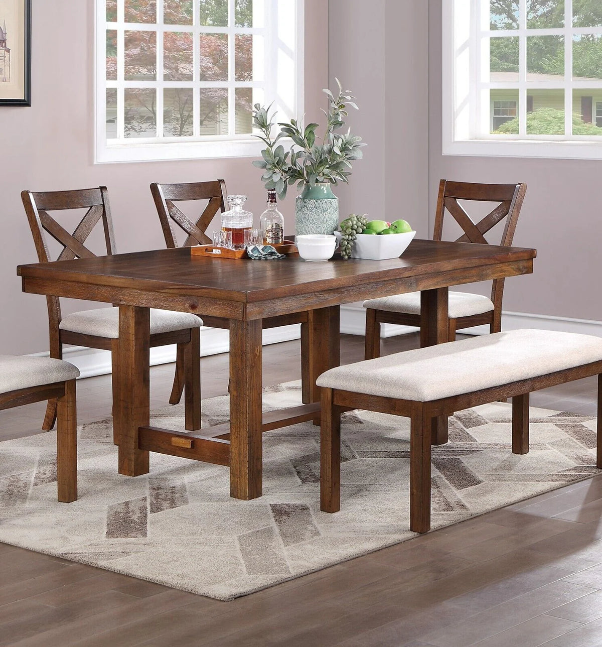 6pc Dining Set Table 4 Side Chairs Bench Cushion Upholstered Solid Wood Z888