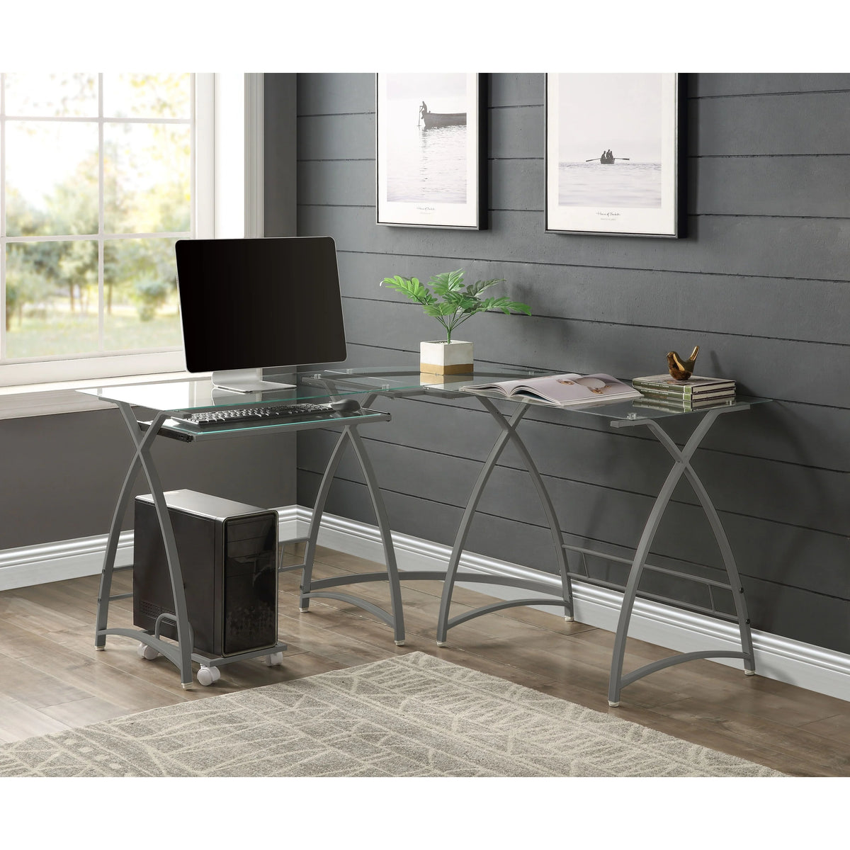 Clear Glass L-Shaped Corner Computer Desk with Keyboard Panel I6861