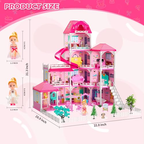 4-Level 10-Room Dolls House with 2 Dolls W844